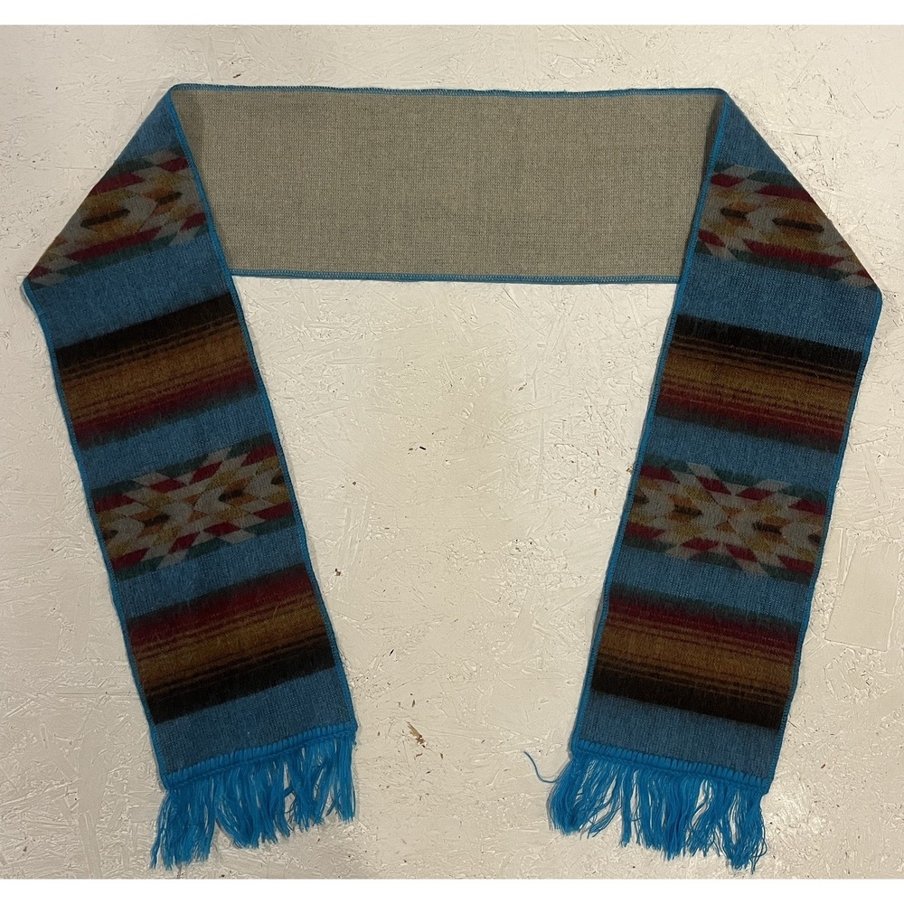 Vintage‎ Wool Aztec Scarf Blue Brown Warm Winter Comfort Native Print Fringe